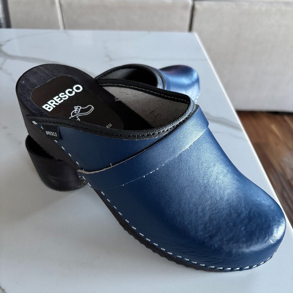 Bresco Women's Navy Leather Clog Mules